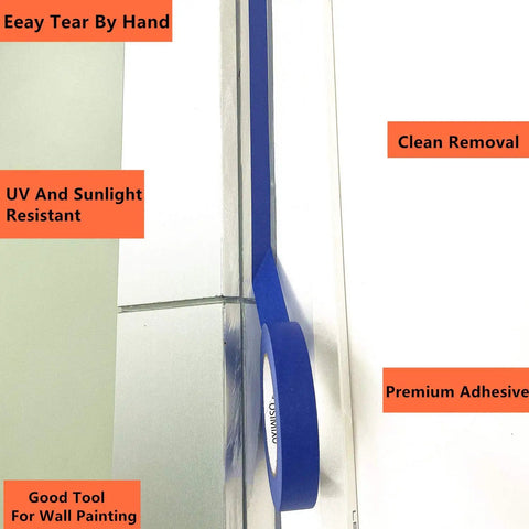 Blue Multi-Surface Painter's Tape 0.94 In X 60 Yds, 6 Rolls, showing premium adhesive and UV resistance features