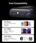 Ultra Compact 20000mAh Power Bank Featuring Dual USB Cables And Secure Lanyard Offers Beast Mode 22.5W Fast Charging showing USB ports and device compatibility.