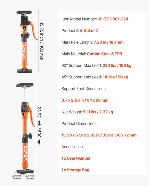 Front and side views of VEVOR cabinet jack support poles, 2-pack; orange steel telescoping rods, 15.75–23.6 in