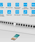 Beefy Metal 16 Outlet Power Strip With 1200J Surge Protection wall-mounted showing outlets and features, 15A 125V 1875W.
