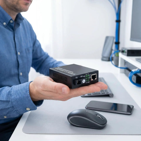 Person holding a Snag This Gigabit Fiber Optical Media Converter For Serious Speed Up To 3Km With Auto Negotiation On 10 100 1000Mbps And Smooth Single Mode SC Upto Connections That Totally Smash Network Lag.