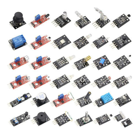 Dope Thirty Seven Sensor Starter Kit For Arduino And Raspberry Pi With a wide range of modules laid out in a grid for robot projects.