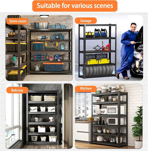 Heavy Duty Adjustable Five Tier Metal Garage Shelving Unit With Anti Slip Feet Anti Fall Rails Wall Anchor Hardware And Built Tough Garage Ready Storage On Uneven Floors in garage, kitchen, balcony and store room