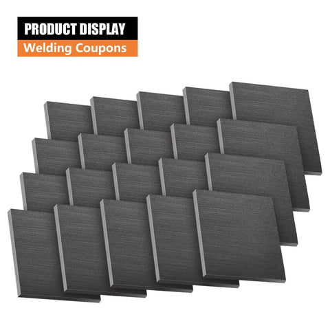 20 Pack 2x2 Inch Welding Coupons One Eighth Inch Mild Steel Practice Plates arranged on white background