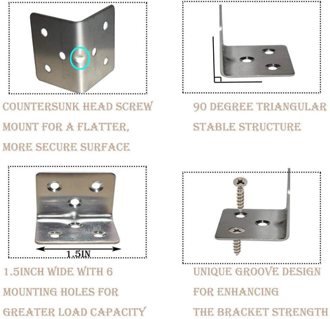 Stainless Steel Corner Braces 40 Pack 1.5 Inch Wide 1.2 X 1.2 Inch Small Corner Brackets with 6 mounting holes for wood furniture.