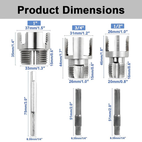 All In One Pipe Threader Kit For One Half, Three Quarter And One Inch PVC Pipes With Internal And External Dies shown in dimensions chart