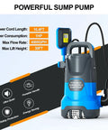 Portable Submersible Sump Pump 1HP Automatic Water Transfer For Clean And Dirty Water With Float Switch 4000 GPH Great For Basement Drainage Pool Pond And Garden Floods, shown with features and specifications.
