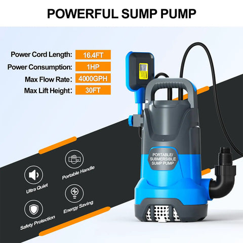Portable Submersible Sump Pump 1HP Automatic Water Transfer For Clean And Dirty Water With Float Switch 4000 GPH Great For Basement Drainage Pool Pond And Garden Floods, shown with features and specifications.