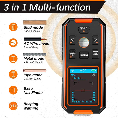 All In One Wall Scanner And Laser Rangefinder Pro Tool for stud detection with metal, wood, wire modes and digital level meter display.