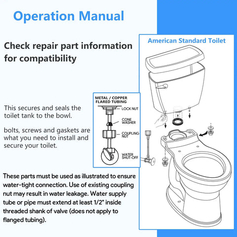 Operation manual for Tank To Bowl Gasket Kit For Champion 4 Toilet Repair Heavy Duty Seal To Stop Leaks Easy Install Replacement For AS738756-0070A Toilet Tank Gasket Ring For Worn Cracked Or Aging Couplings, American Standard toilet diagram
