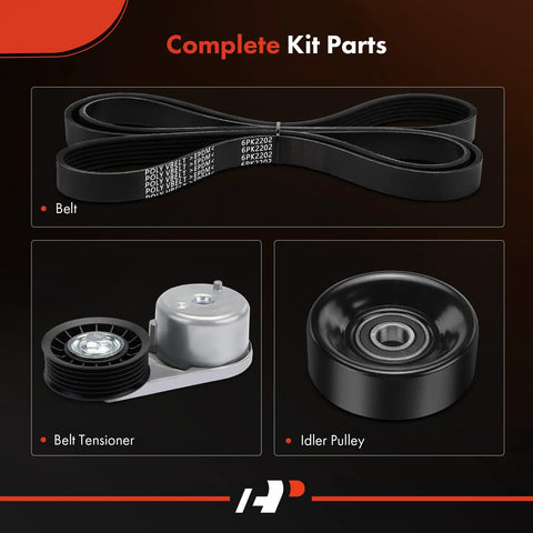 Serpentine Belt Drive Kit For 4.0L V6 Ford Explorer Sport Trac Ranger Mazda B4000 Mercury Mountaineer All In One Replacement with belt, tensioner, and idler pulleys visible.