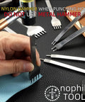 Using Pro Grade Leather Pricking Irons And Diamond Stitching Chisel Set with nylon hammer on leather for precise stitching.