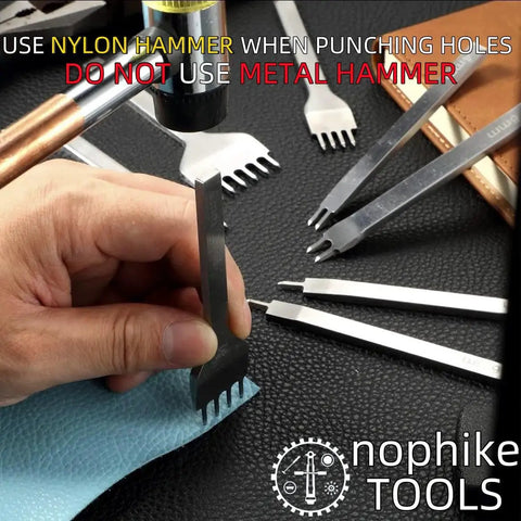 Using Pro Grade Leather Pricking Irons And Diamond Stitching Chisel Set with nylon hammer on leather for precise stitching.
