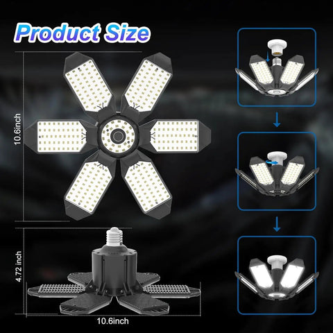 4 Pack 220W LED Garage Lights Deformable Ceiling Shop Lights With E26 Base showing dimensions and configuration