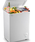 3.5 Cubic Feet Deep Chest Freezer With Adjustable Thermostat Compact Freestanding Mini Freezer In Black filled with fresh produce and fish.