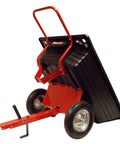 Rock Solid Six Hundred Fifty Pound Poly Dump Cart For Tough Job Site Hauling showing red frame and black bin from rear with pneumatic tires.