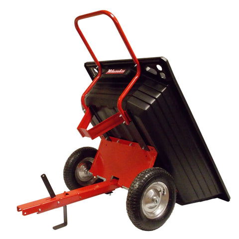 Rock Solid Six Hundred Fifty Pound Poly Dump Cart For Tough Job Site Hauling showing red frame and black bin from rear with pneumatic tires.