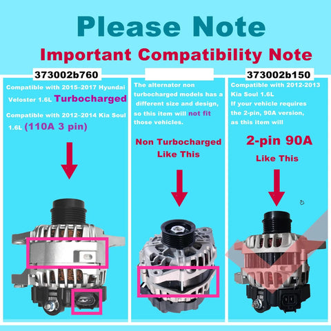 Comparison of 90 Amp alternator replacements for Kia Soul 2012 2013 1.6L, clockwise rotation, fits 37300 2B150 37300 2B150R 11608N models