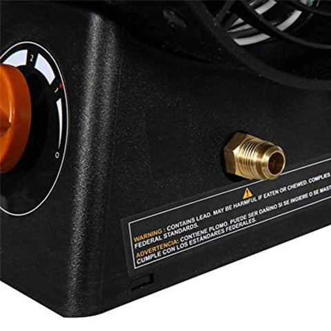 Control panel and gas connection of Portable 60,000 BTU LP Propane Forced Air Heater for up to 1,500 square feet, built tough for garages.