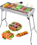 Portable Stainless Steel Charcoal Grill Folding Outdoor Barbecue Kit for Camping with skewered vegetables