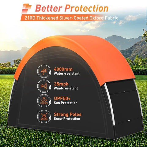 Upgraded Bike Tent With Rain Cover For Outdoor Storage Portable Bike Shed Fits 2 To 3 Bikes shown outdoor with weather protection details