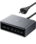 Prime 200W GaN Desktop Charger With 6-Port USB-C And USB-A, silver charger showing ports and power cable