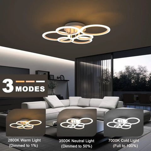Dope Six Ring LED Modern Chandelier 6400 LM 31.5 Inch Flush Mount Ceiling Light in living room with dimmable modes shown