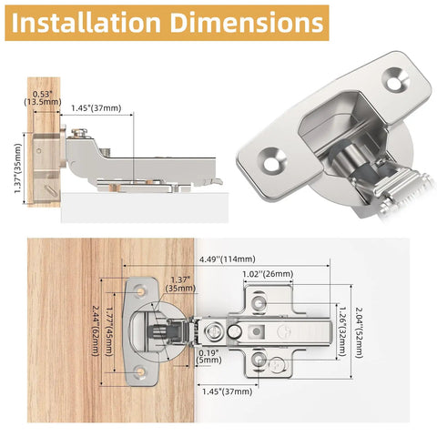 Tough As Nails Soft Close Cabinet Hinges For Frameless Half Overlay Doors showing installation dimensions and features.