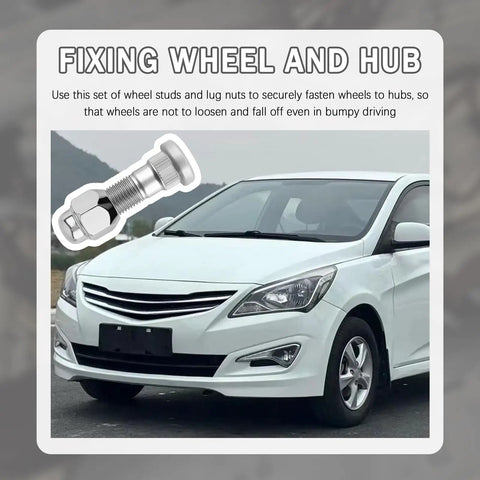 Premium 4 Set M12x1.5 Wheel Bolt And Lug Nut Upgrade Kit For Hyundai Tucson Azera Veloster Santa Fe Elantra Kia Replacement Studs That Fix Your Ride Smoothly Without Duds Or Glitches In The Drive Today. M12x1.5 steel wheel stud and lug nut kit on white sedan