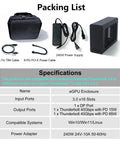 External Egpu Enclosure With Thunderbolt 4 Usb4 Compatibility And 240W Power Supply packing list image showing cables and power adapter.