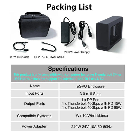 External Egpu Enclosure With Thunderbolt 4 Usb4 Compatibility And 240W Power Supply packing list image showing cables and power adapter.
