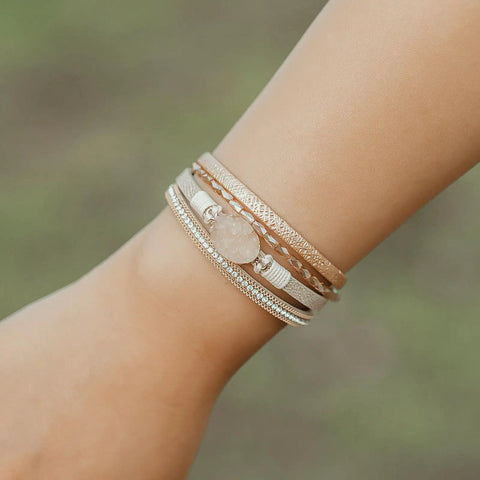 Premium Gold Boho Leather Wrap Bracelet Featuring Chunky Crystal Beads And Sparkling Rhinestone Layers With Strong Magnetic Clasp, 7.7 in long.