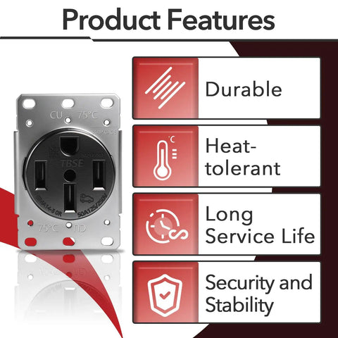 Nema 14-50R Straight Blade Receptacle showcasing features like durability, heat tolerance, long service life, and stability.