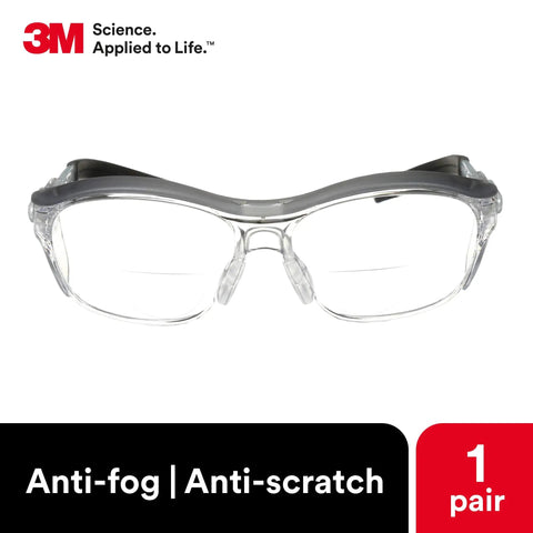 Built In Plus 1.5 Magnifying Bifocal Readers In Safety Glasses With Clear Lenses, ANSI Z87 Certified, Retro Gray Frame, front view