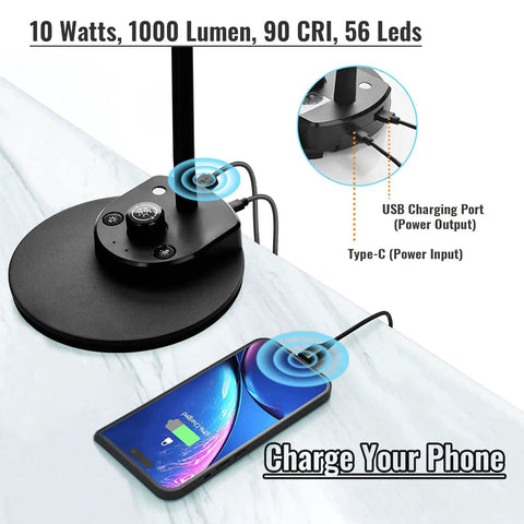 Led Desk Lamp With USB Charger And Three Color Temperature Twenty Brightness Levels Eye Caring Metal Desk Light For Office And Bedroom Ten Watt One Thousand Lumens Adapter Included