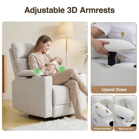 Woman nursing baby on 360 Degree Swivel Rocker Recliner Chair With Adjustable Armrests And Headrest, beige, in living room.