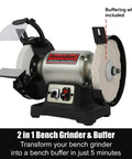 Badass 1/2 Horsepower Dual Speed Bench Grinder Buffer Combo showcasing a dual function with a buffering wheel for precise polishing.
