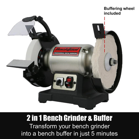 Badass 1/2 Horsepower Dual Speed Bench Grinder Buffer Combo showcasing a dual function with a buffering wheel for precise polishing.