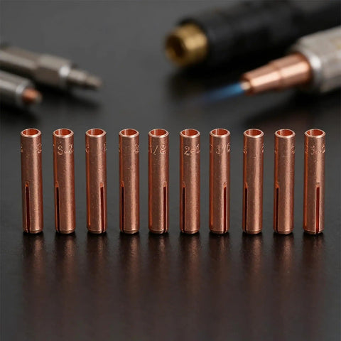 10pcs Brass TIG Welding Collet Electrode Holder For WP9 20 25 Torch With 3-32 And 1-8 In Gas Lens Consumable Copper Alloy Kit showing collets.