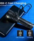 Rechargeable 365nm UV Blacklight Flashlight With ZWB2 Filter IPX8 Waterproof charging via USB-C cable on blue surface.
