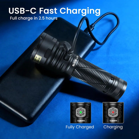 Rechargeable 365nm UV Blacklight Flashlight With ZWB2 Filter IPX8 Waterproof charging via USB-C cable on blue surface.