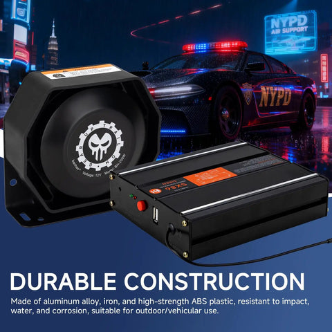 Beefy 12V Emergency Siren Speaker PA System Kit with Remote 200W 125-150dB shown near police car at night