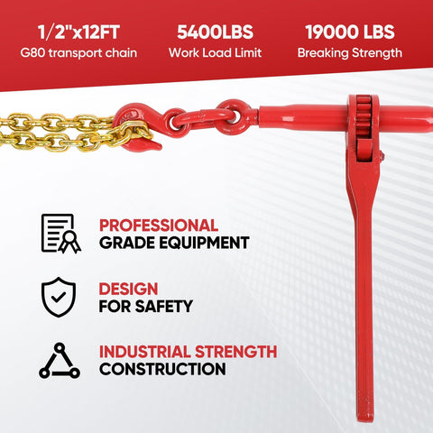 Half-inch x 12ft red steel chain and ratchet binder with specs on Heavy Duty Chain And Binder Set For Flatbed Tie Downs Three Eighths Inch By Ten Feet Chains With Two Ratchet Binders 9,200 Lbs WLL And 33,000 Lbs Break Strength Ideal For Trucks