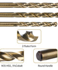 Close-up of 29 Piece M35 Cobalt Drill Bit Set For Steel Wood Plastic Sheet Metal With Durable Round Shank And Cup Type Holder