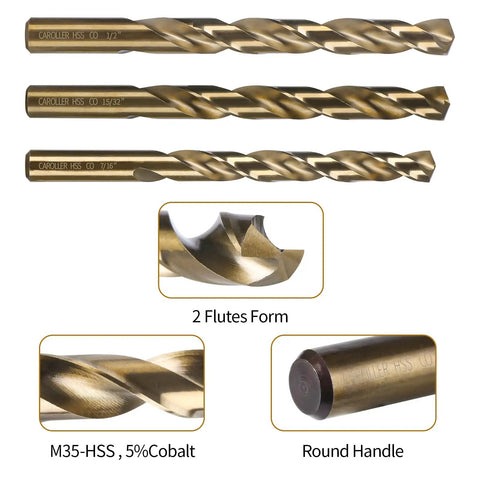 Close-up of 29 Piece M35 Cobalt Drill Bit Set For Steel Wood Plastic Sheet Metal With Durable Round Shank And Cup Type Holder