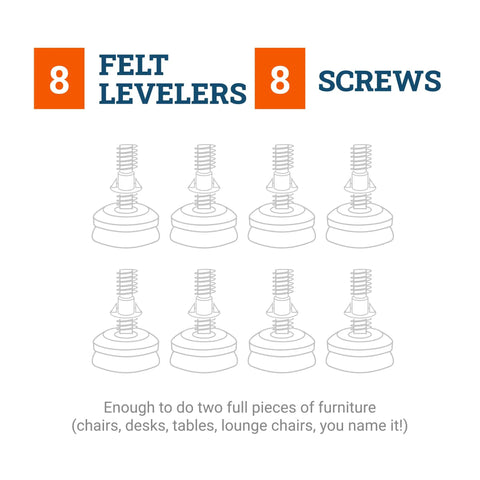 Reinforced 1/4-20 Thread Furniture Levelers 8 Pack With Thick Felt Pads Supports 400 Pounds for stable furniture adjustments.