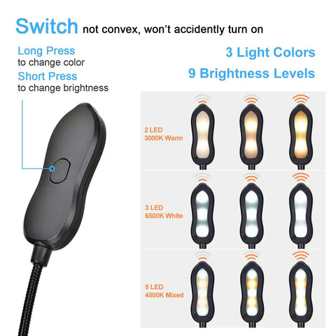 Switch on rechargeable Clip On Book Light for reading in bed with 3 color modes, showing brightness levels and color options