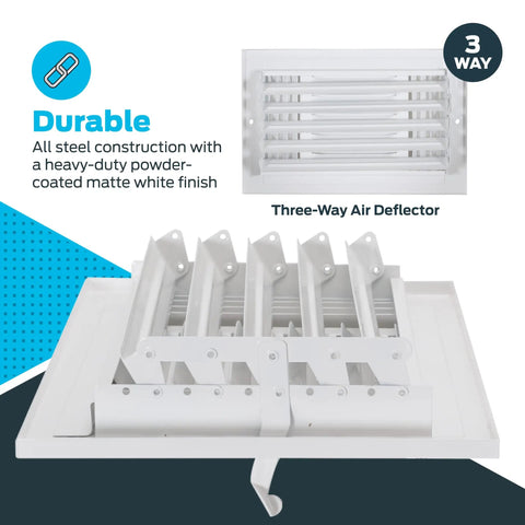 10x6 Inch Duct Opening Air Vent Cover for Wall or Ceiling with Three-Way Deflector, Solid Steel HVAC Register, White Finish