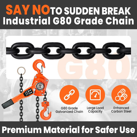 Built Tough 3 Ton Manual Lever Hoist Packed With G80 Galvanized Chain, dual swivel hooks, and heavy-duty features.