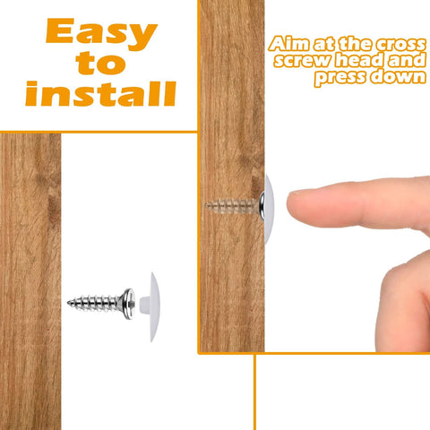 Installation of Plastic Self Tapping and Self Adhesive Screw Hole Covers on wood furniture showing finger pressing cover onto screw.